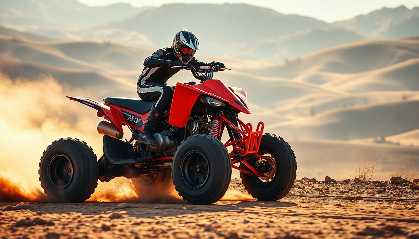 A powerful Yamaha Raptor 700R quad bike racing across a desert landscape at high speed, kicking up sand