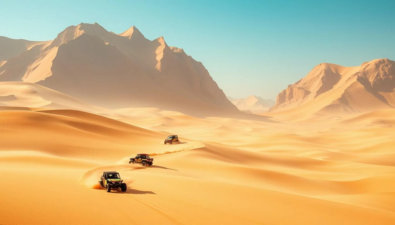 Tourists in a dune buggy driving across the red sand dunes of Dubai's desert with a clear blue sky overhead