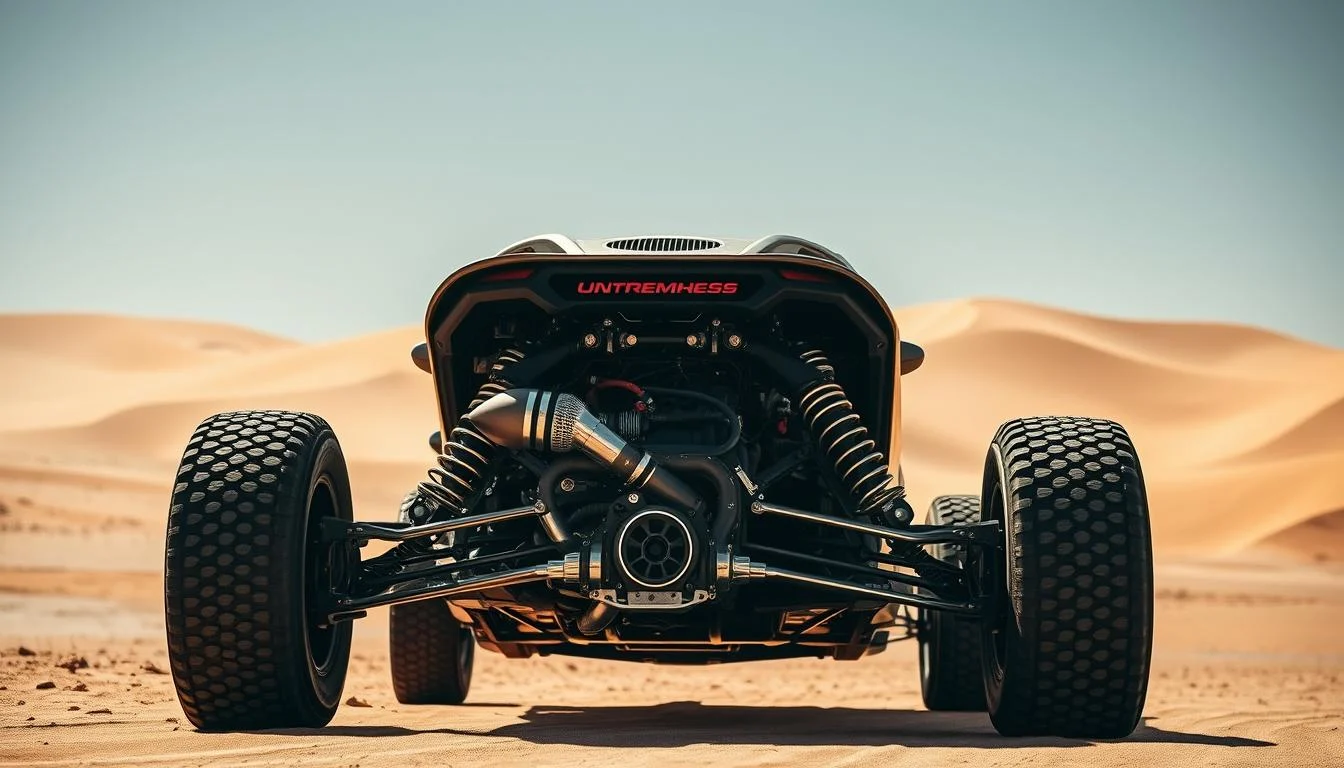Luxury dune buggy with sleek design and high-performance engine parked on a pristine sandy dune at sunset