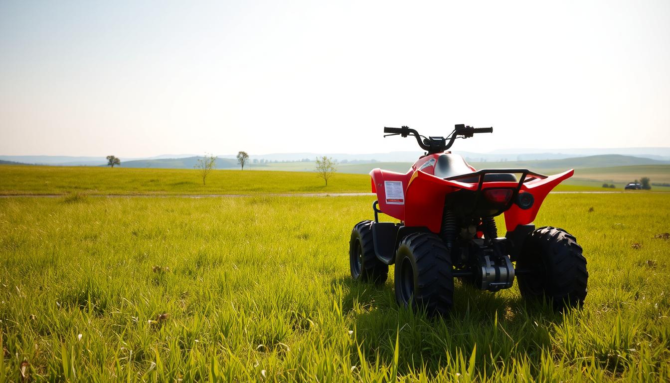 A young boy wearing a helmet and safety gear, confidently riding a small quad bike on a sandy desert track, with an adult supervising nearby.