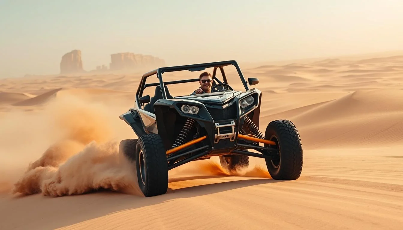 Tourists driving powerful dune buggies across the vast golden sand dunes of Abu Dhabi under a clear sky