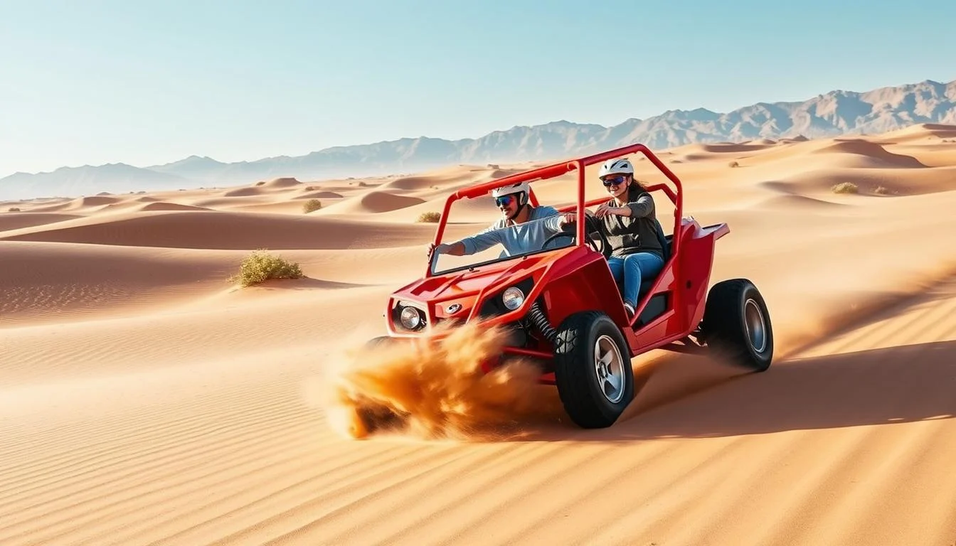 Tourists driving dune buggies in a convoy across the red sand dunes of Ras Al Khaimah with mountains in the background