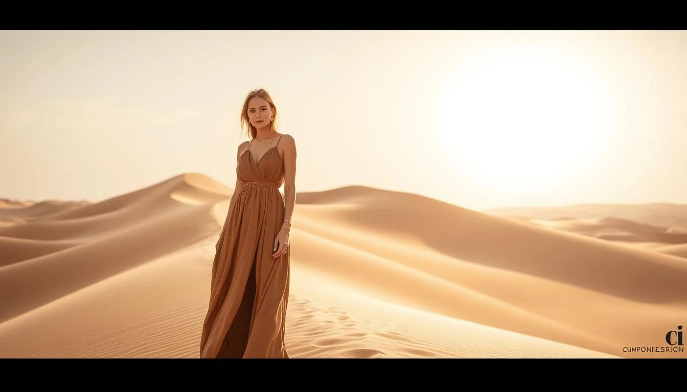 Woman in a flowing red dress posing for a photoshoot amidst the golden sand dunes of the Dubai desert at sunset