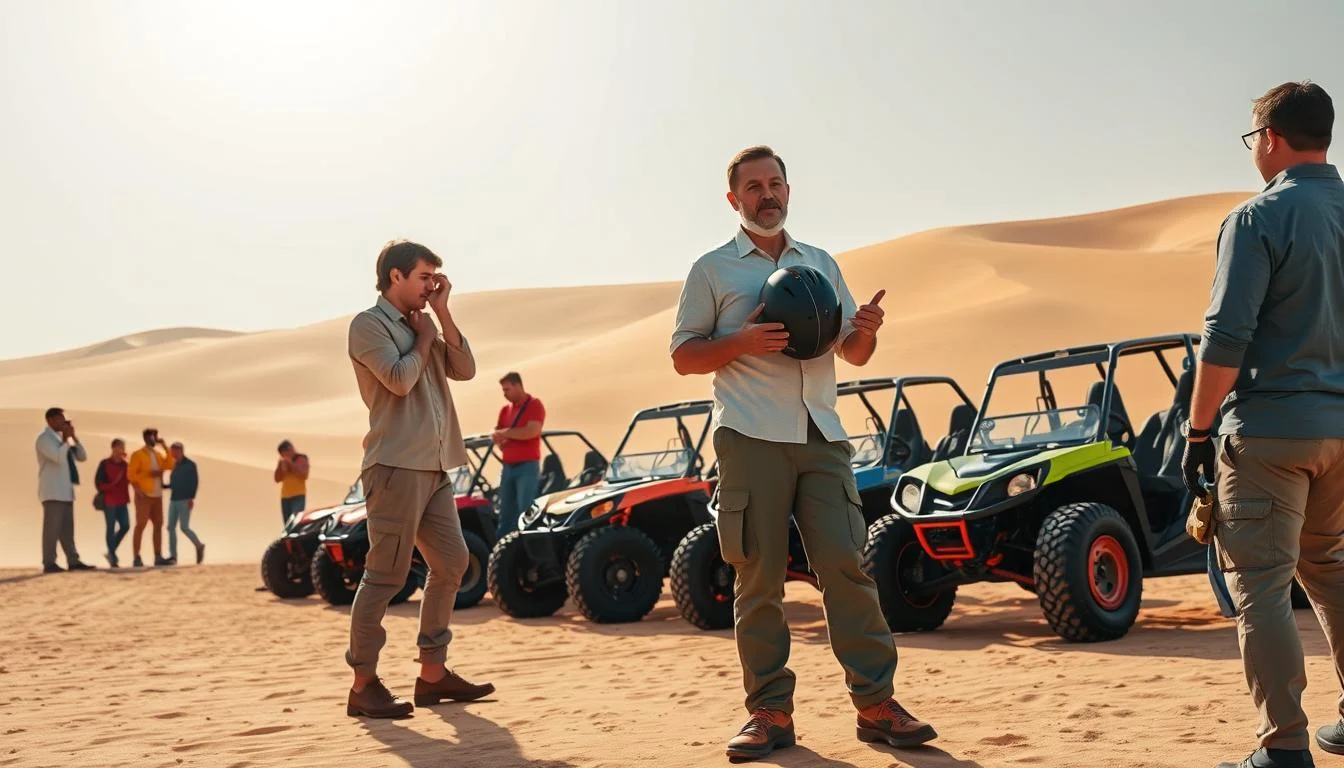 Tourists wearing appropriate desert attire for a dune buggy tour in the vast, sandy landscapes of Sharjah