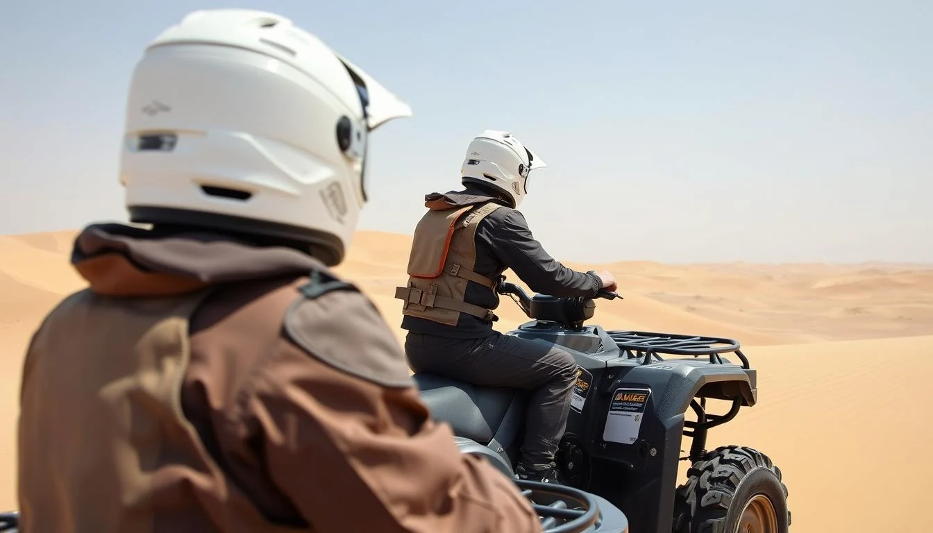 A group of quad bikers wearing helmets and protective gear riding through the sand dunes of Abu Dhabi's desert at sunset