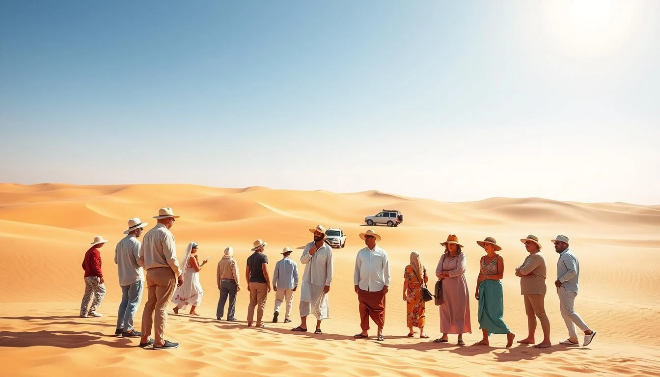 Tourists wearing appropriate desert safari attire, including hats and sunglasses, preparing for a dune buggy ride in the Sharjah desert