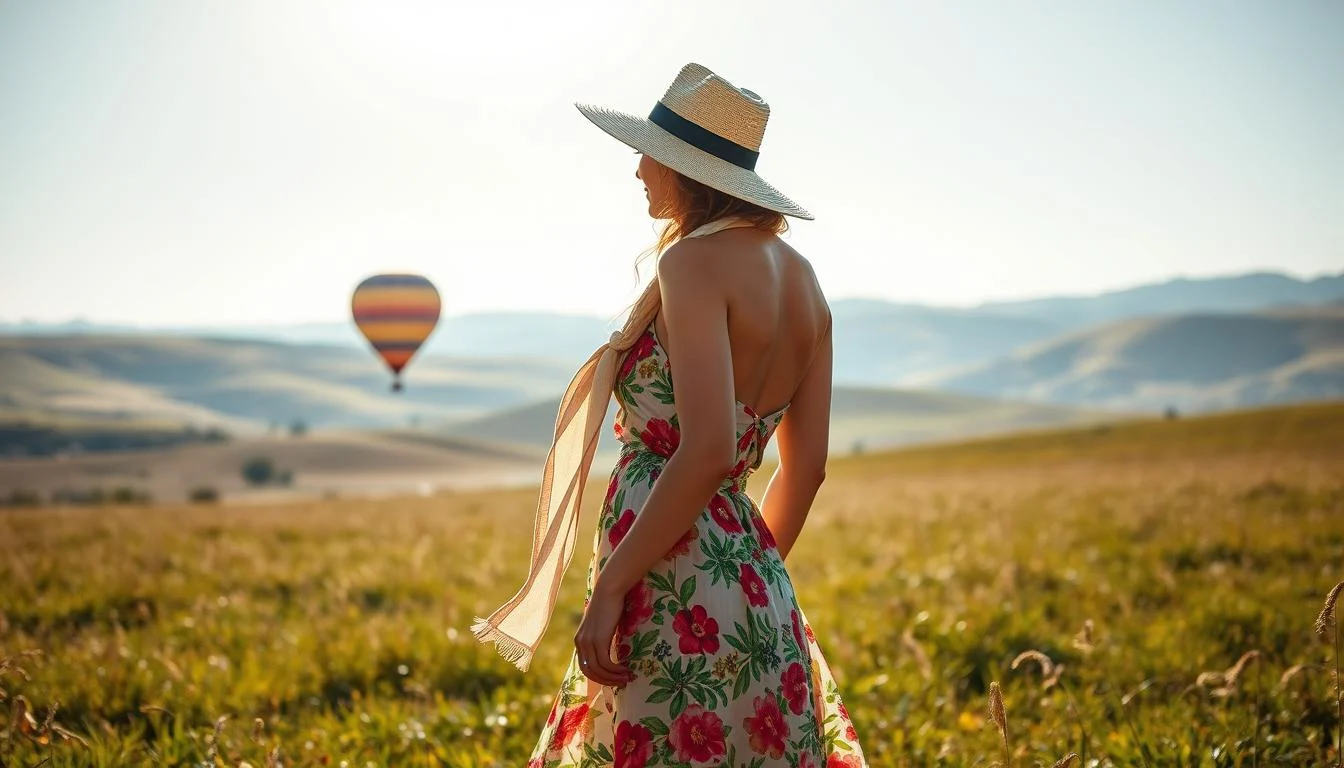 Woman in comfortable layered clothing and a wide-brimmed hat enjoying a hot air balloon ride over the vast Dubai desert at sunrise