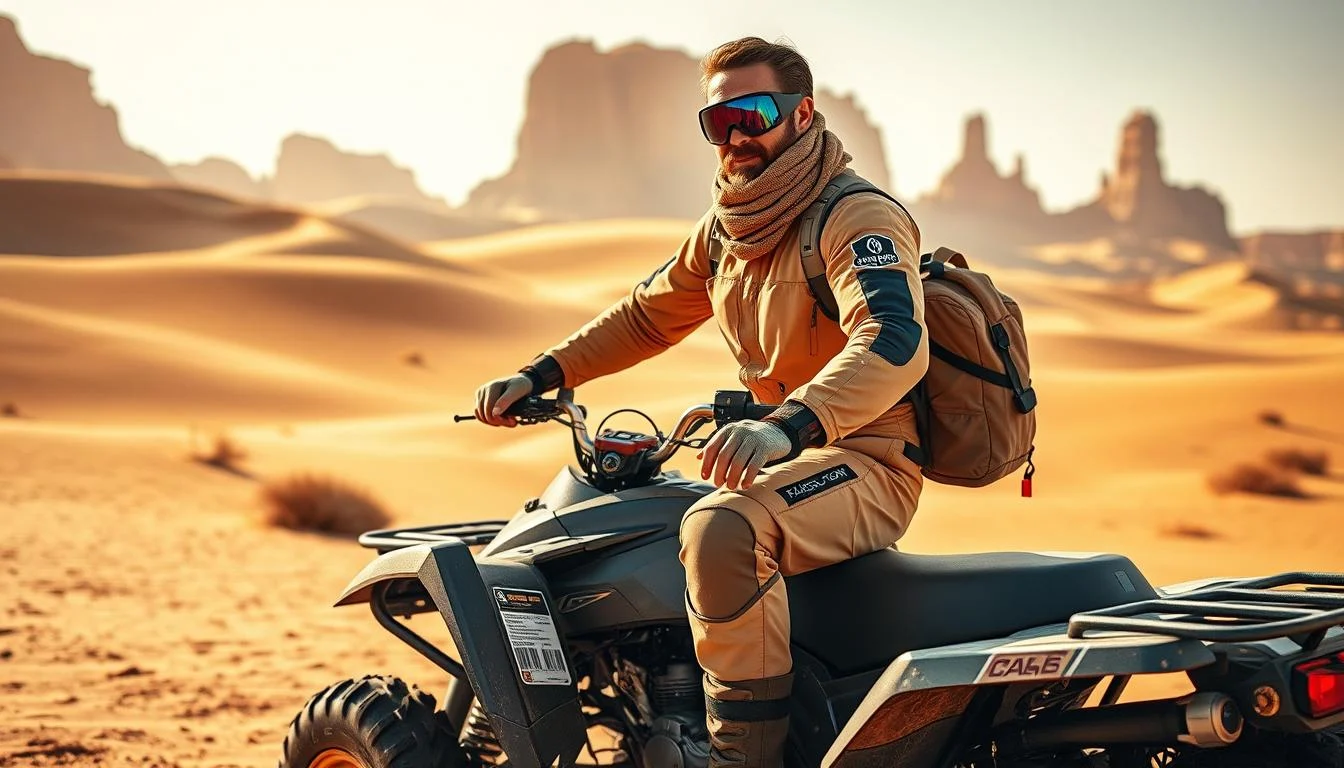Tourists wearing protective gear and helmets, riding quad bikes across the vast, sandy Dubai desert under a clear sky