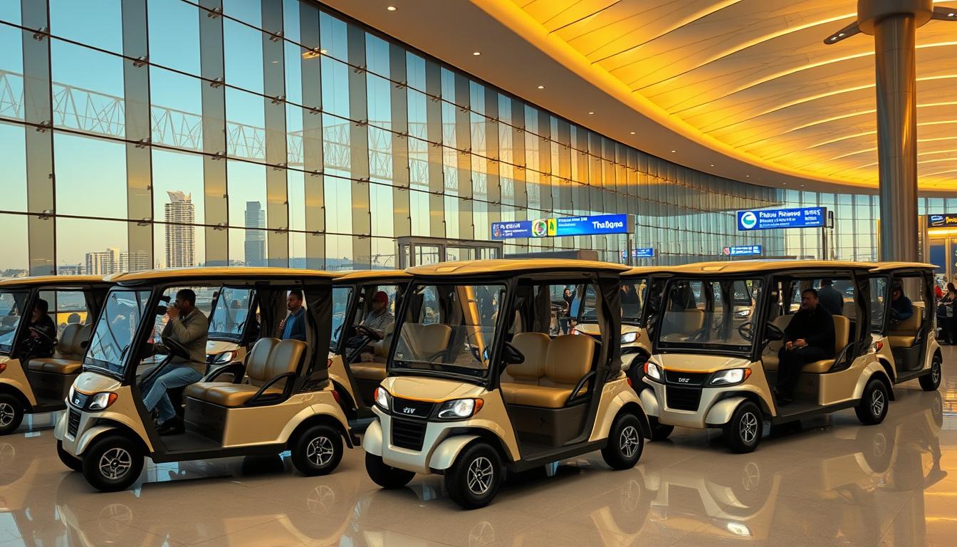 Travelers with luggage riding a free buggy service through a bustling terminal at Dubai International Airport