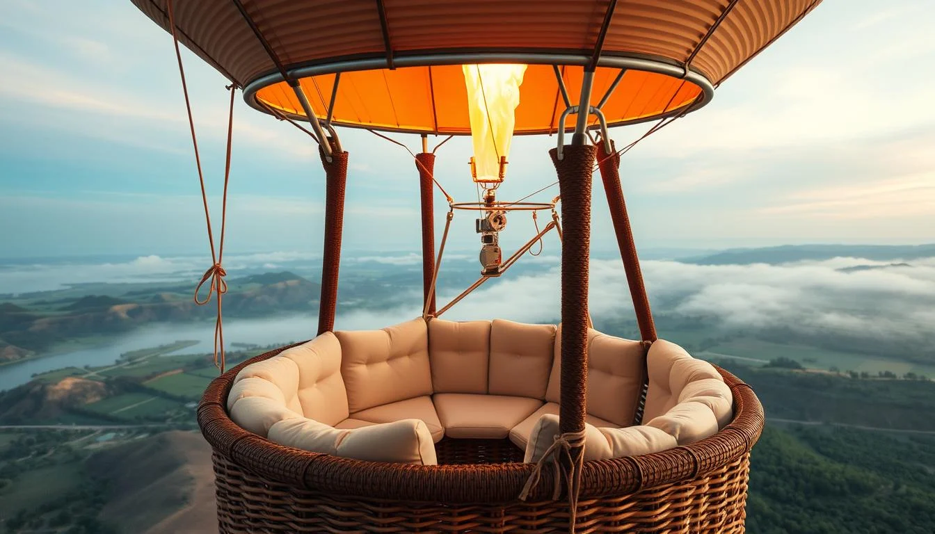Passengers standing in a hot air balloon basket, looking out over the vast Dubai desert landscape at sunrise with other balloons in the distance