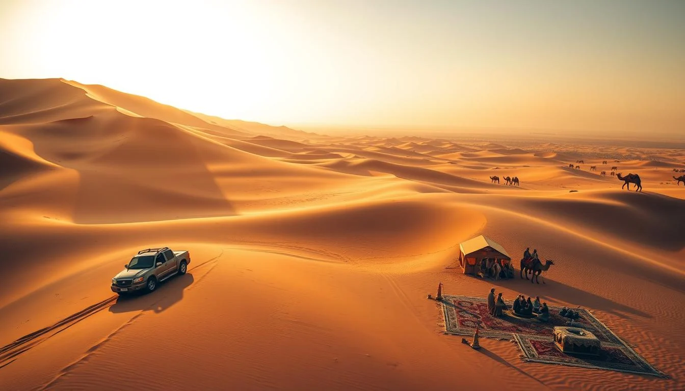Tourists enjoying a serene sunrise over the golden sands of the Dubai desert, with clear skies and a peaceful atmosphere