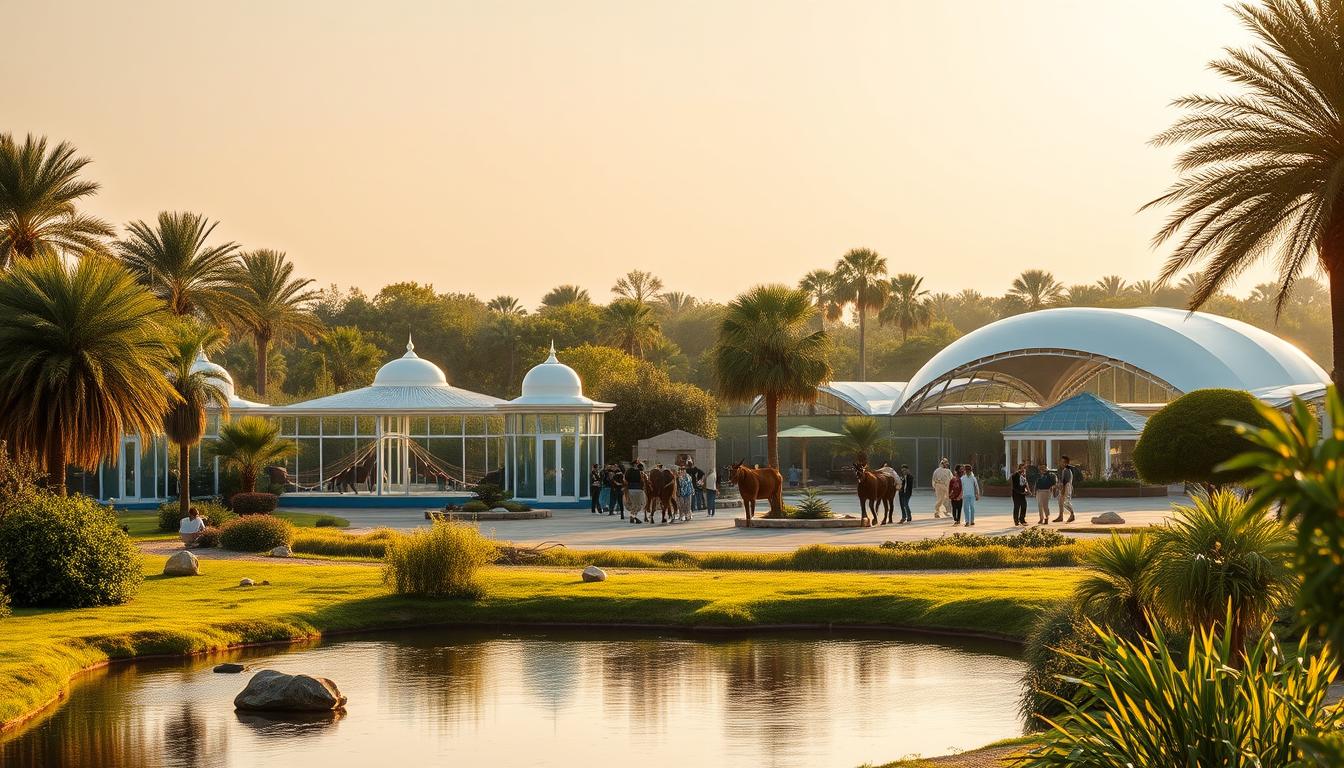 Families exploring the diverse exhibits at Abu Dhabi Zoo, observing various animal species in their natural-like habitats