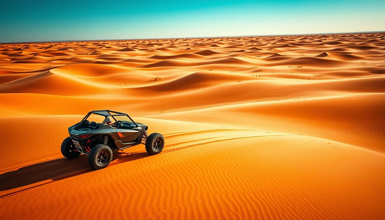 A group of dune buggies kicking up red sand as they race across the vast, undulating red dunes of Abu Dhabi under a clear blue sky, highlighting the t
