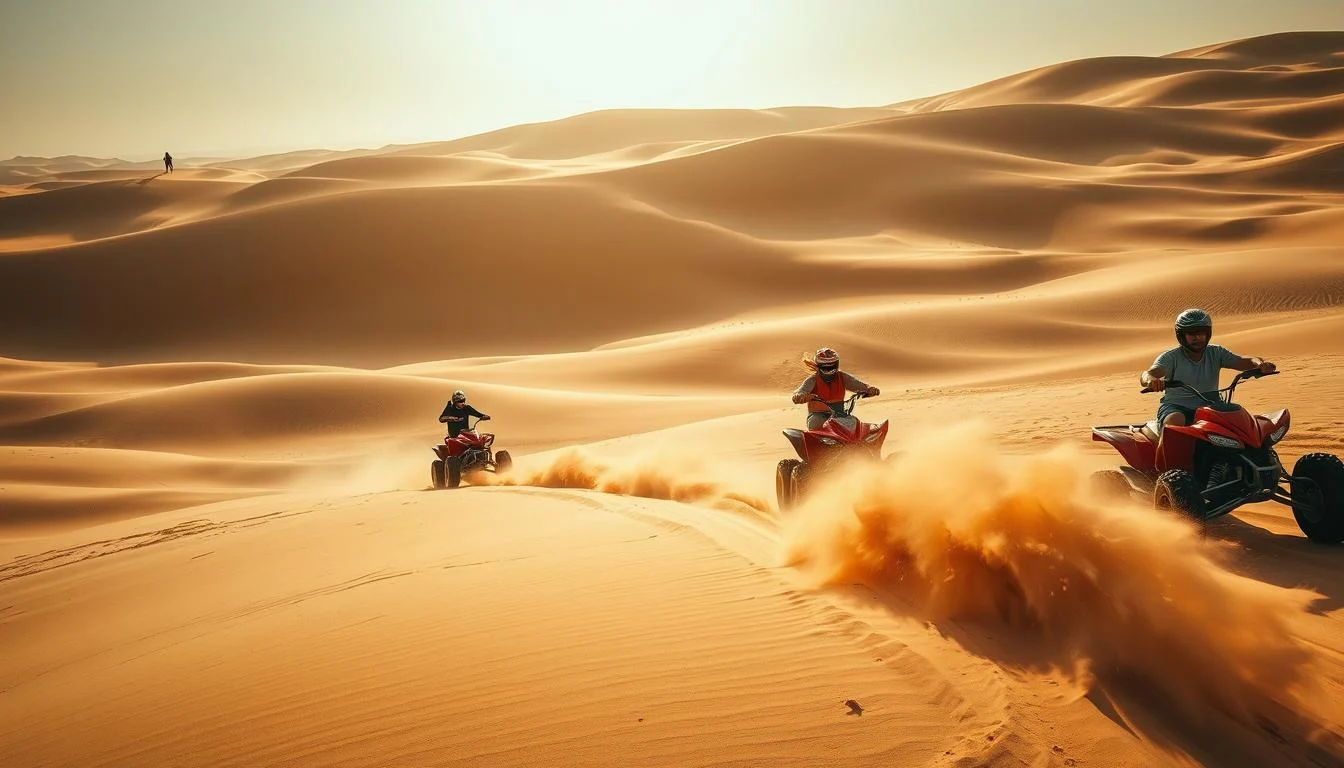 Tourists riding quad bikes across the vast, stunning Arabian desert landscape in Abu Dhabi at sunset, kicking up sand
