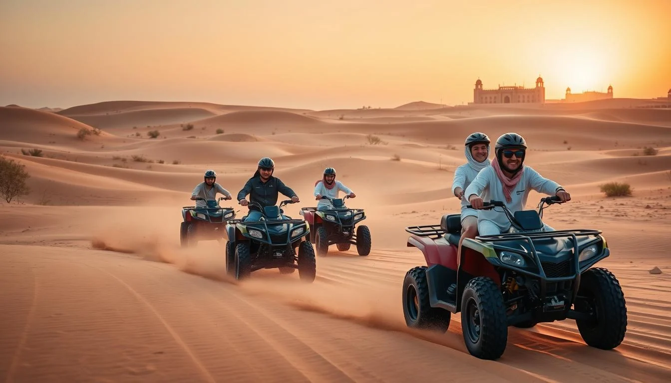 Quad bikers riding across the red dunes of Sharjah's desert near Al Badayer at sunset, kicking up sand