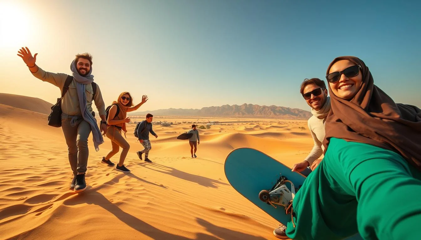Golden desert dunes glowing at sunrise with the Hajar Mountains in the distance, showcasing Sharjah's natural beauty