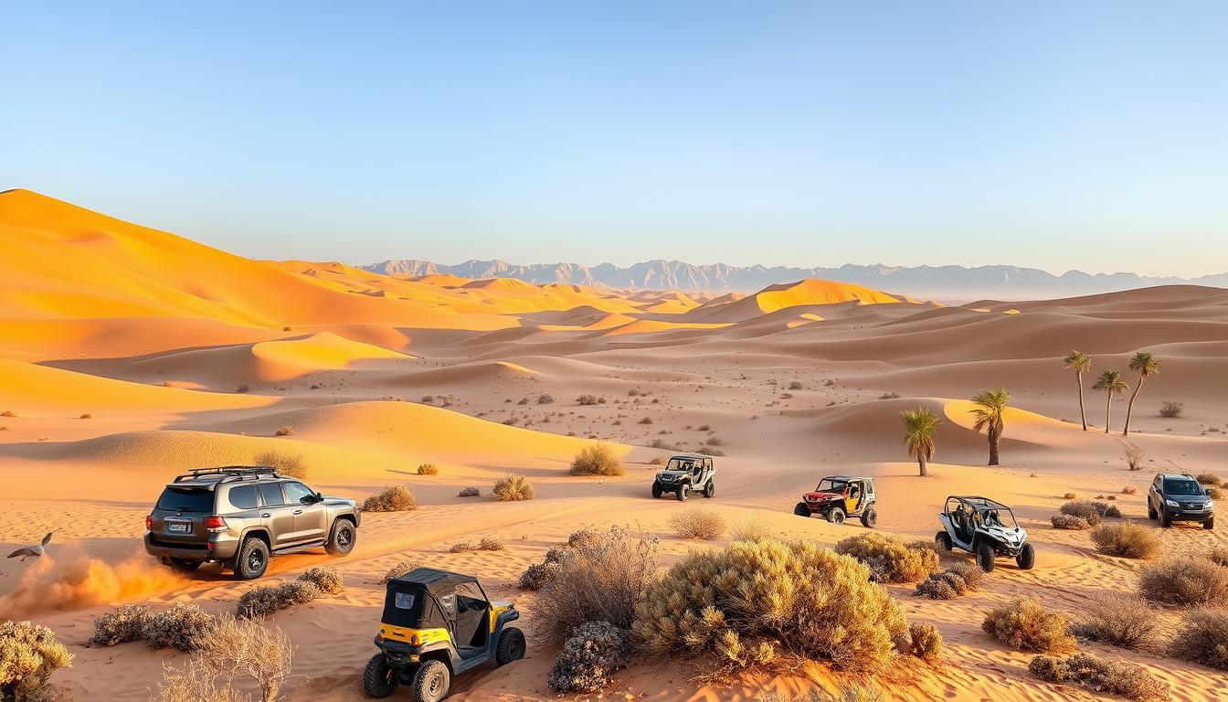 Off-road vehicles kicking up sand as they navigate the diverse and challenging terrain of Sharjah's desert at sunset