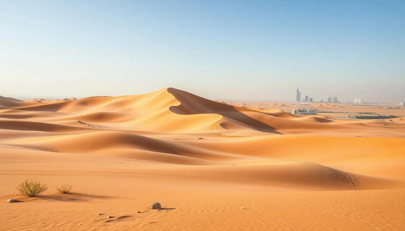 Red sand dunes of Sharjah's desert contrasting with golden dunes of Dubai and rugged terrain of Ras Al Khaimah