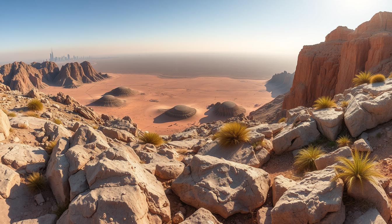 Off-road vehicles navigating the challenging rocky terrain of Fossil Rock Area in Sharjah, contrasting with the soft dunes of Dubai Desert