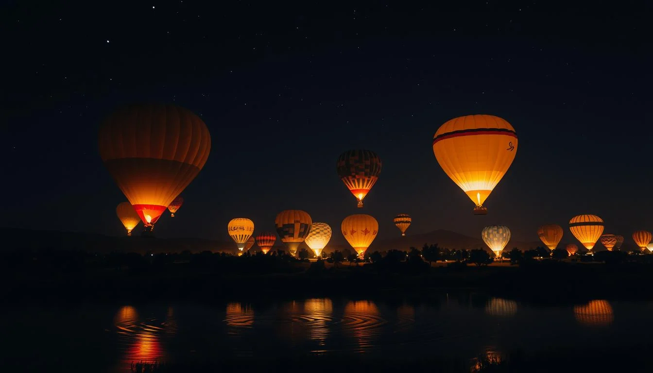 Hot air balloon glowing against a dark night sky, with stars visible, illustrating the challenges of nighttime flights