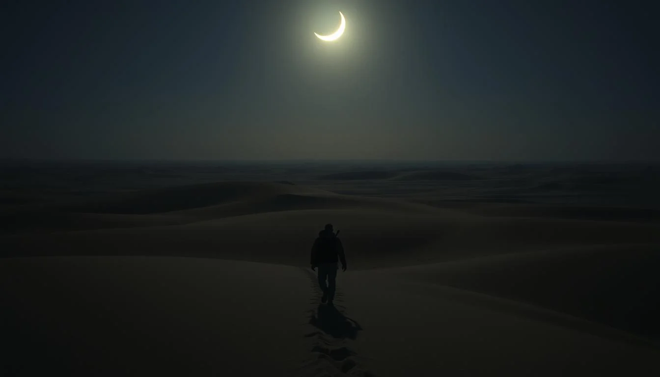 Tourists exploring the vast, dark Dubai desert at night under a starry sky, highlighting the challenges of limited visibility
