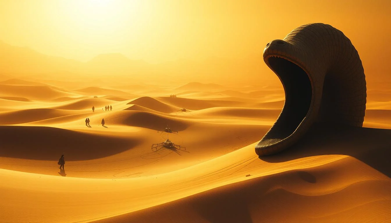A still from the movie Dune showing characters in desert attire, highlighting the film's visual style and setting