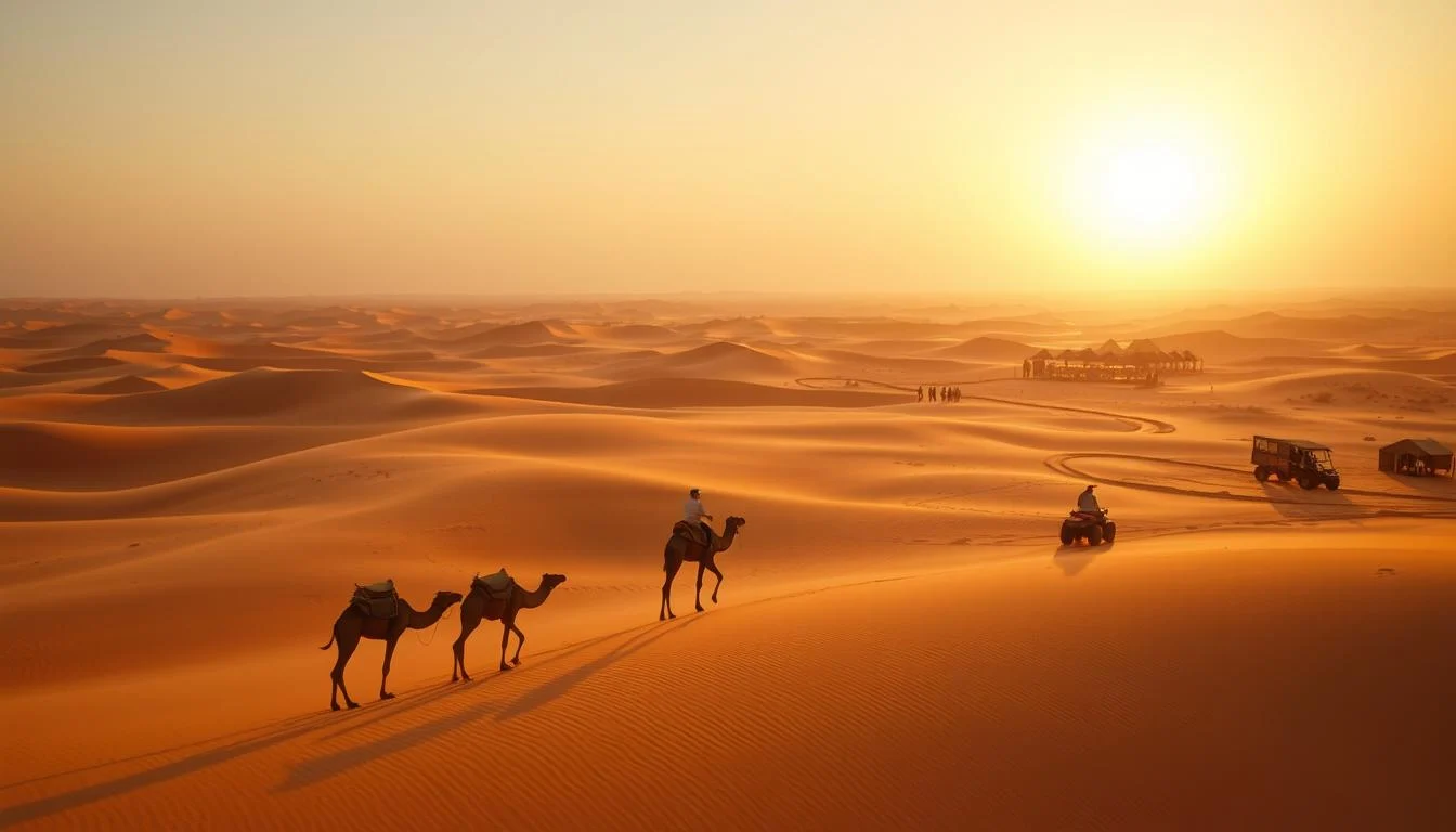 Tourists enjoying an evening desert safari in Abu Dhabi with a 4x4 vehicle and a beautiful sunset in the background