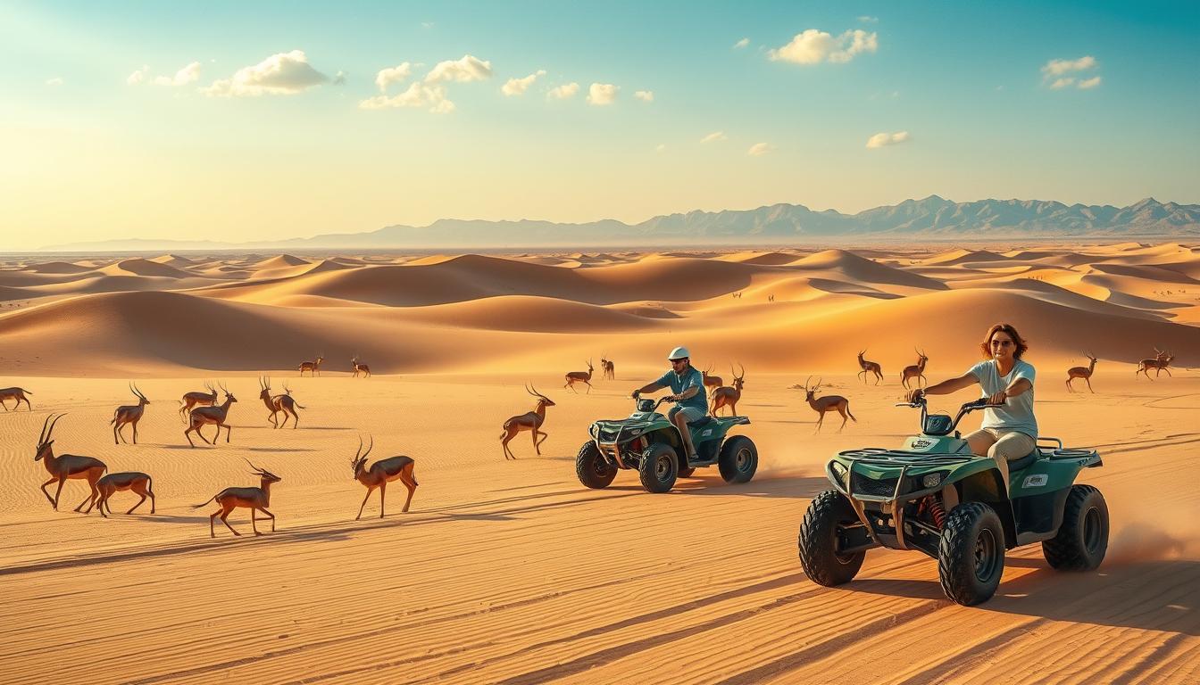 Tourists on quad bikes observing desert wildlife in Sharjah's diverse ecosystems, with dunes and gravel plains in the background