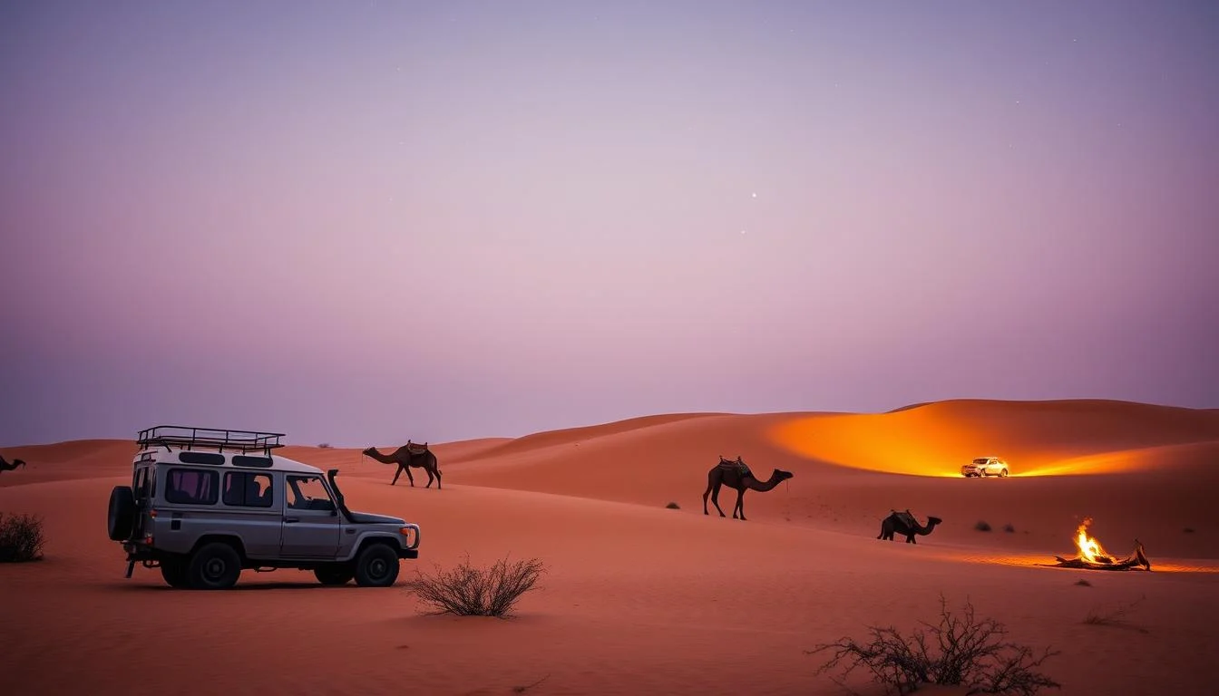 Tourists enjoying a winter evening desert safari in Dubai with a beautiful sunset over the golden dunes