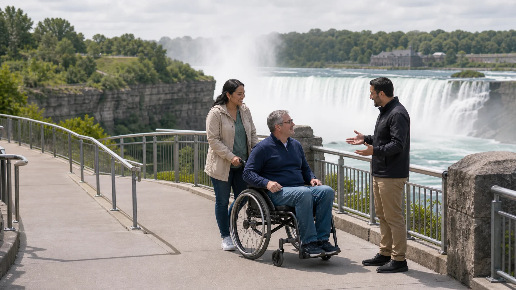 Accessible Niagara Falls tour planning with guide assisting guest near falls overlook