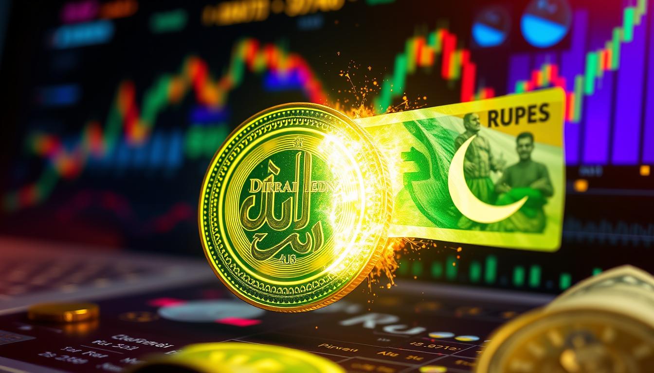 A close-up of various international banknotes, including UAE Dirham and Pakistani Rupee, symbolizing currency exchange rates