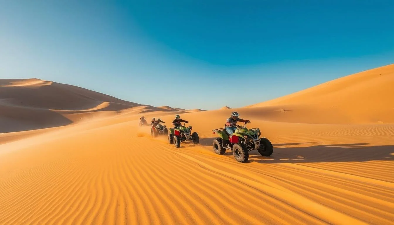 Tourists riding ATV bikes across golden Dubai desert dunes at sunrise, kicking up sand and enjoying the thrill of off-road adventure