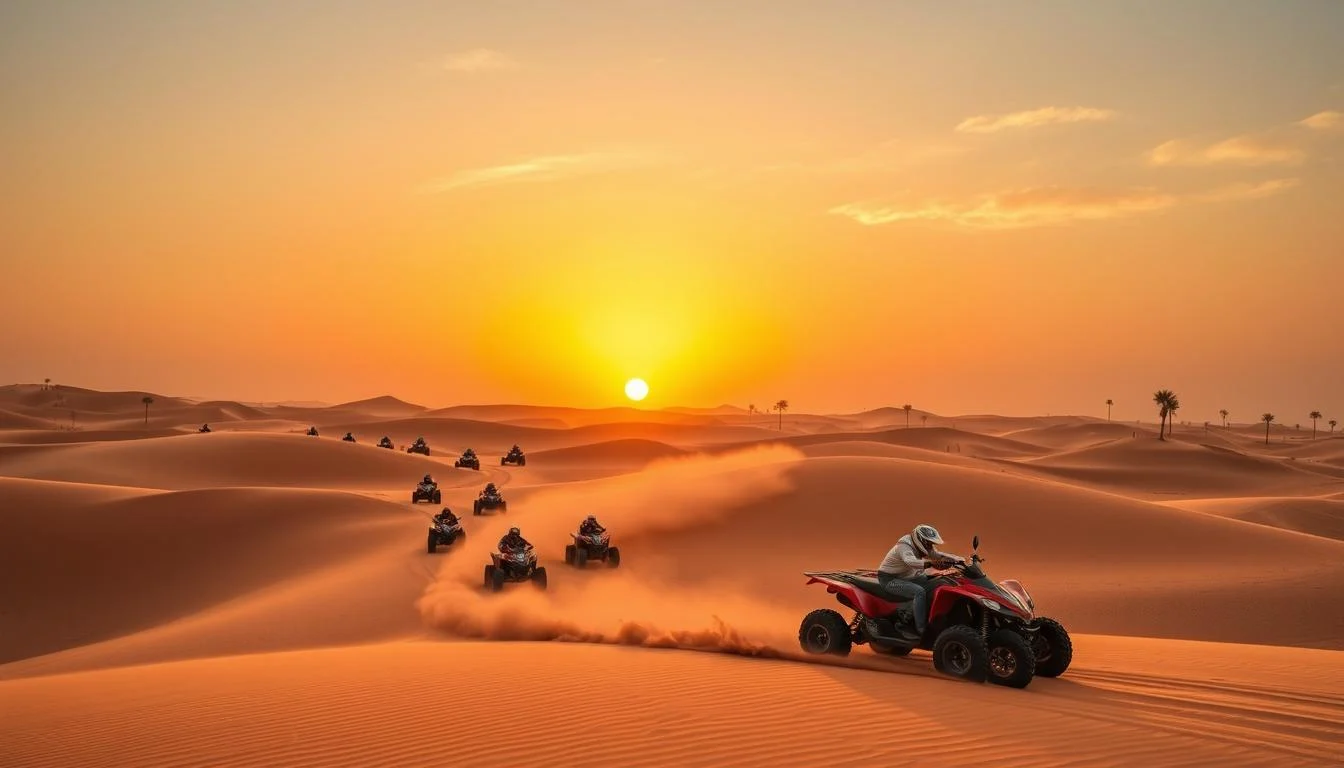 Tourists riding ATVs across golden Dubai desert dunes, kicking up sand in a thrilling excursion at sunset