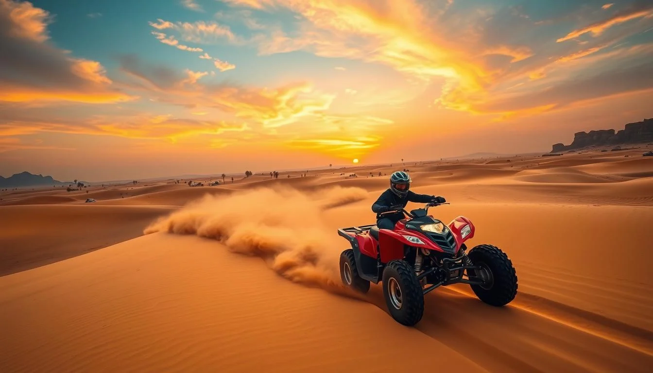 Tourists riding ATVs across the golden sand dunes of Dubai's desert at sunset, with a vibrant sky in the background