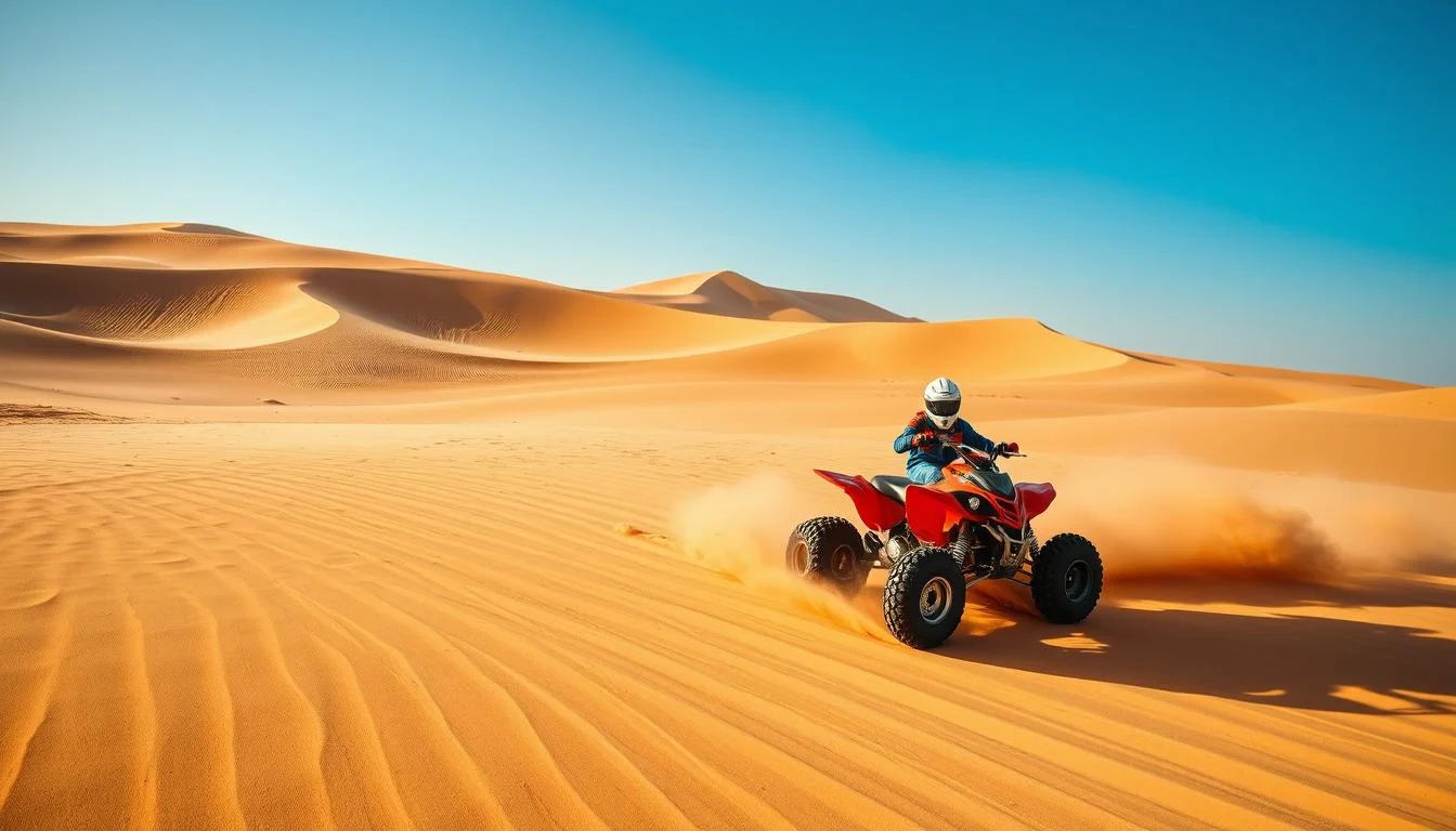 Tourists riding ATVs across the vast golden sands and large dunes of the Dubai desert at sunset, creating beautiful shadows