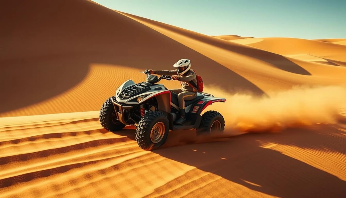 Tourists riding ATV quad bikes across the sunlit red dunes of Dubai's desert with clear blue skies overhead
