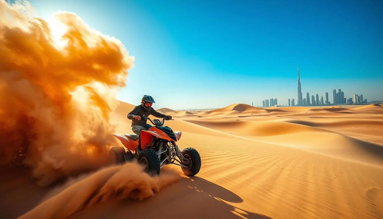 Tourists riding powerful ATV quad bikes across the red sand dunes of Dubai's desert at sunset, kicking up sand
