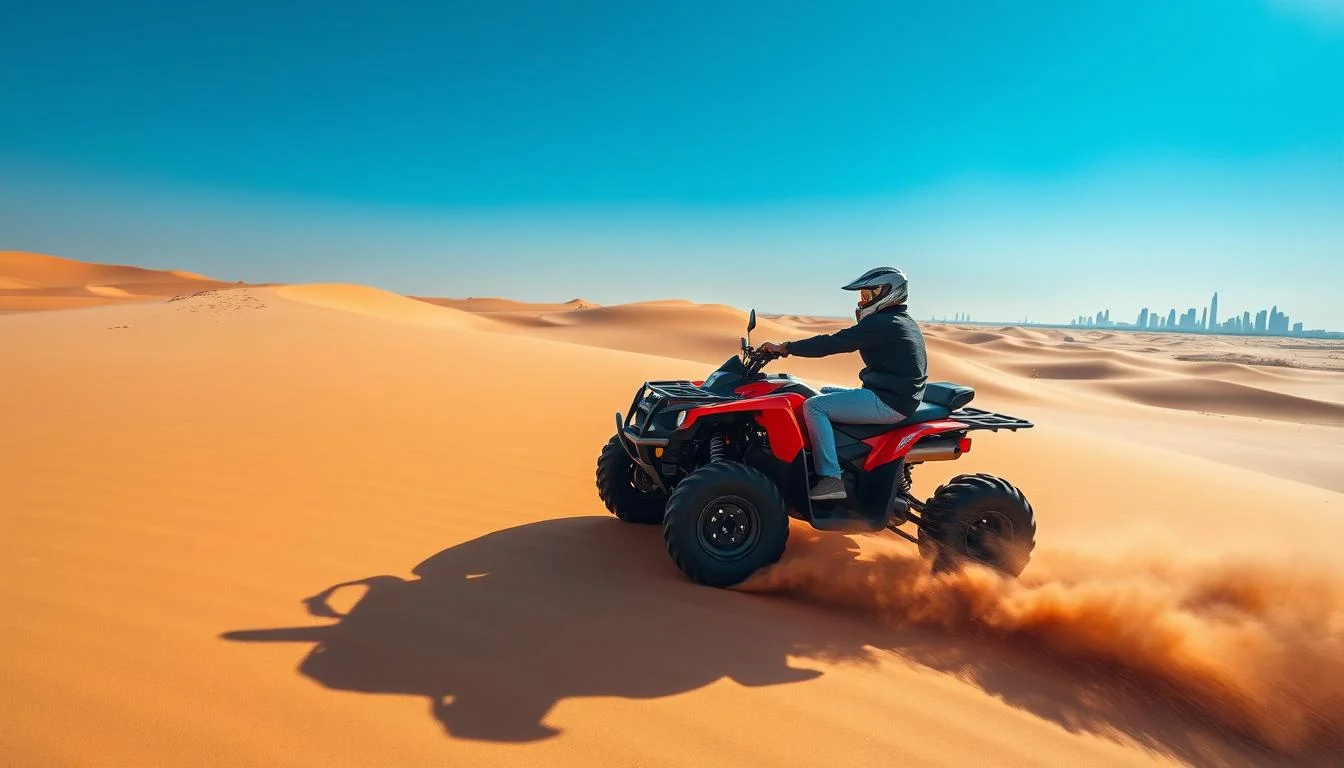 Tourists enjoying a thrilling dune buggy ride across the vast, golden sand dunes of the Arabian Desert in Dubai