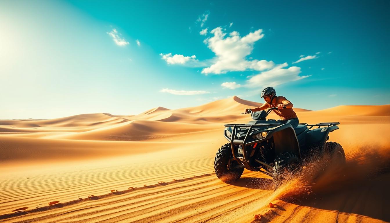Tourists riding ATVs across the vast, red Dubai desert dunes under a clear blue sky, kicking up sand