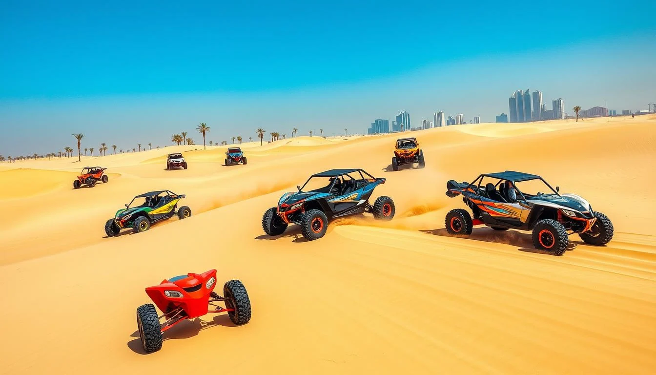 Tourists riding dune buggies across red Dubai dunes at sunset, kicking up sand and enjoying the thrill of off-road exploration
