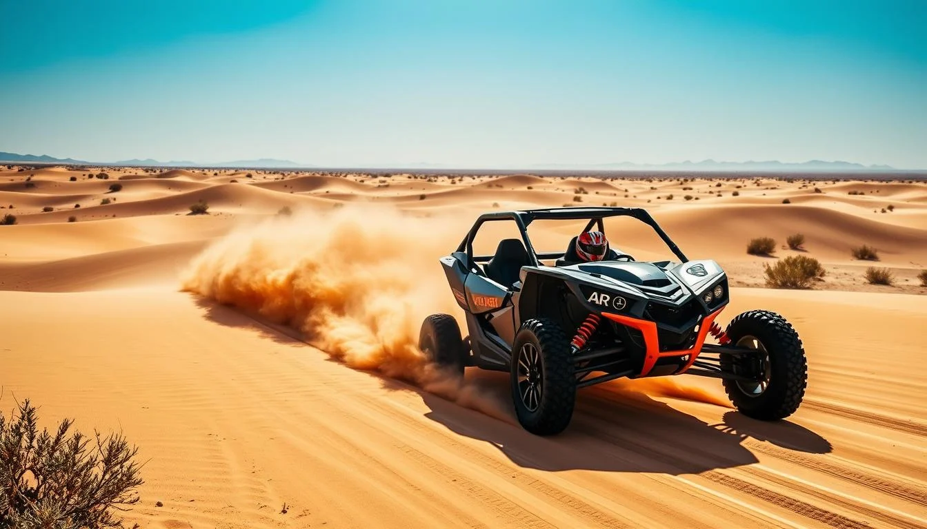 Tourists riding powerful Can-Am dune buggies across the vast, sunny red dunes of the Dubai desert, kicking up sand