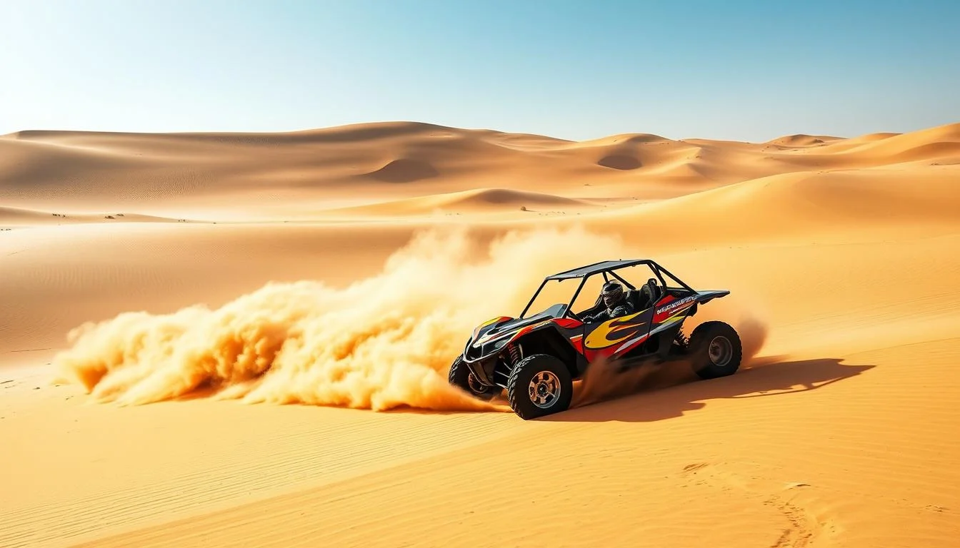 Tourists driving dune buggies across the vast, sun-kissed Arabian desert dunes in Dubai, enjoying an adventurous off-road experience
