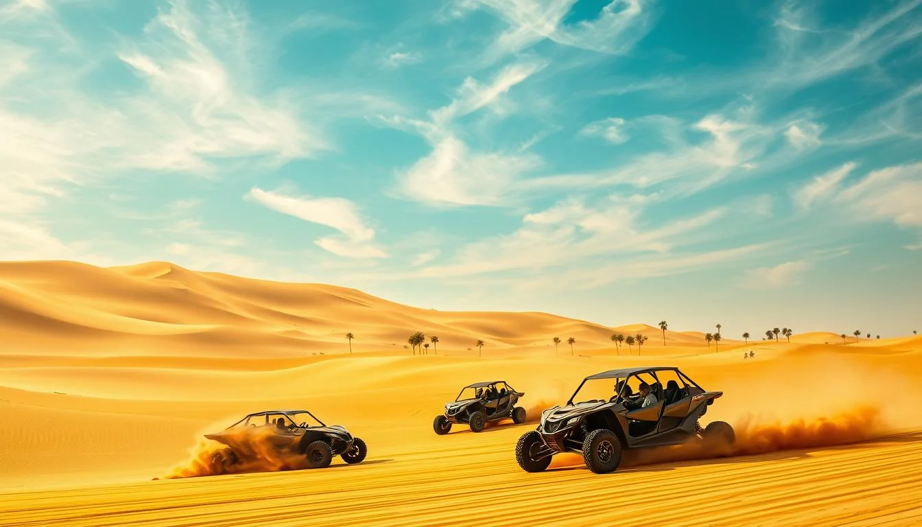 Tourists riding dune buggies across red Dubai dunes at sunset, kicking up sand as they navigate the challenging desert terrain