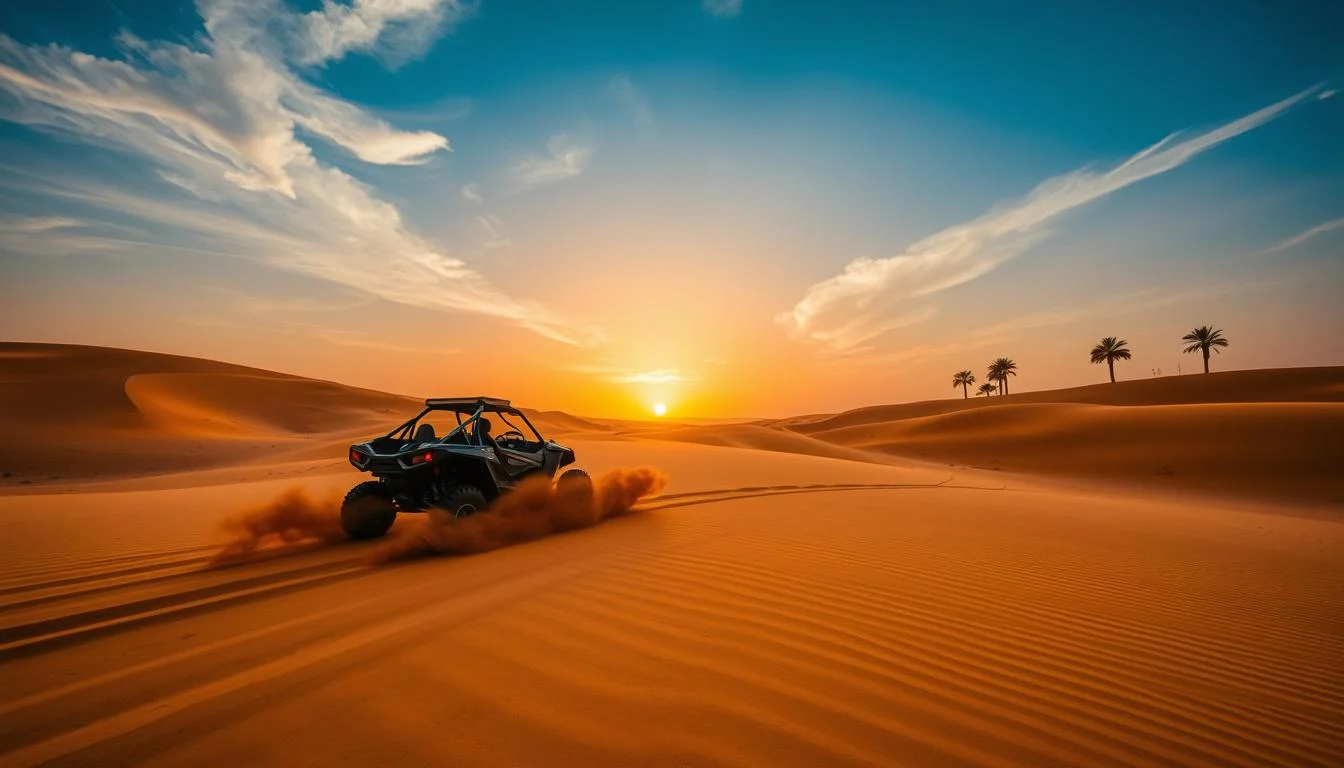 Tourists driving high-performance desert buggies across golden Dubai dunes under a clear sky, kicking up sand