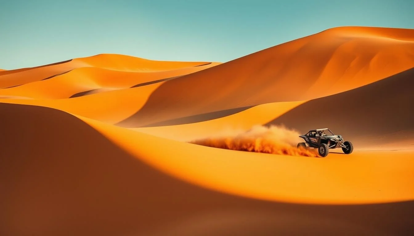 Tourists driving dune buggies across the vast golden sand dunes of Dubai, with the Arabian sun warming their skin