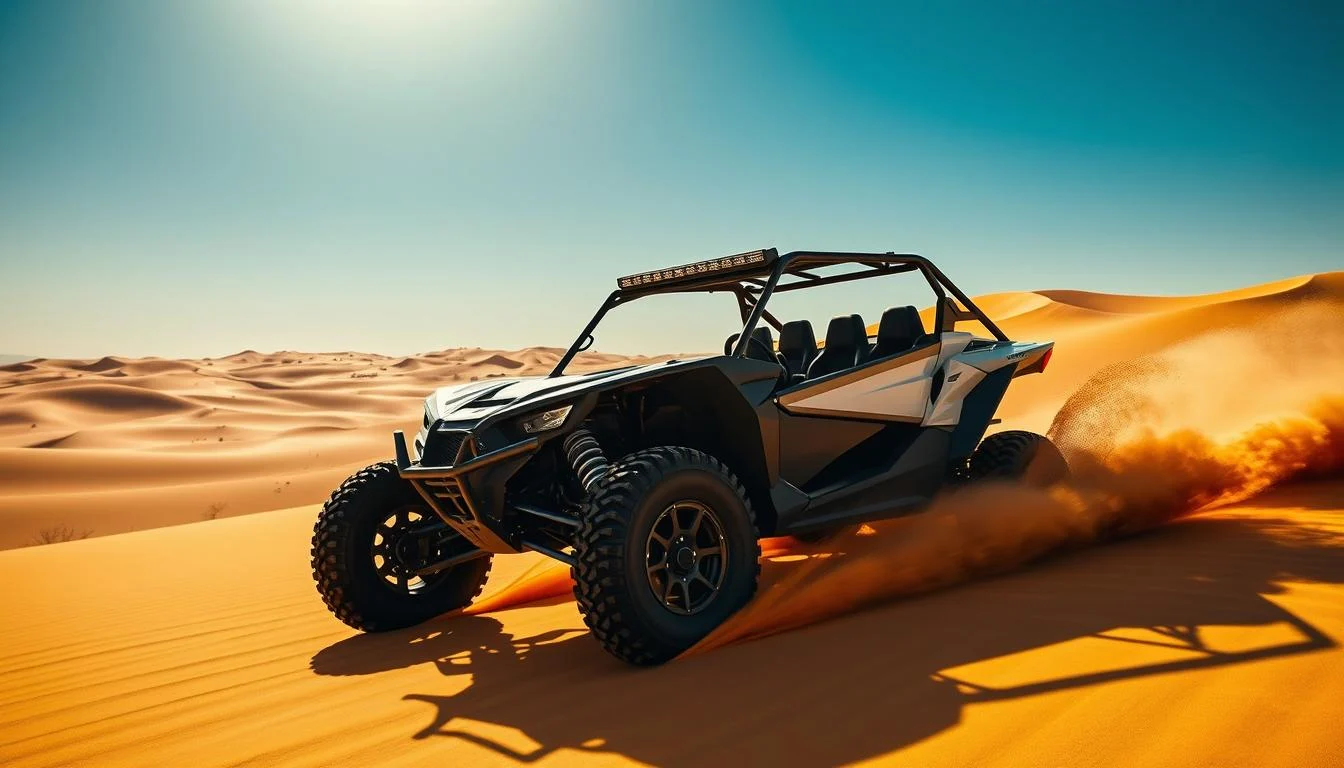 Tourists driving dune buggies across the vast, golden Dubai desert at sunset, with clear skies and distant dunes