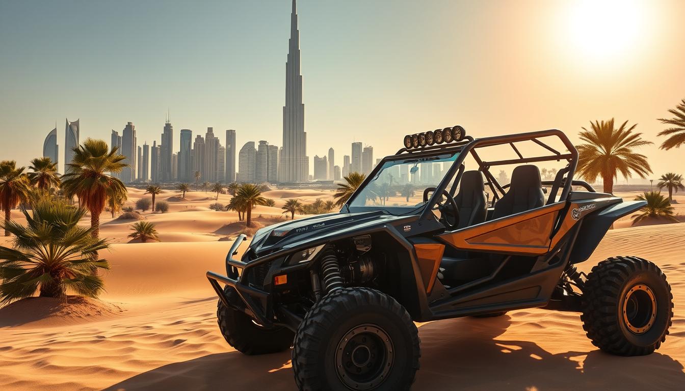 High-performance dune buggy kicking up sand in Dubai's vast desert during an adventure tour at sunset