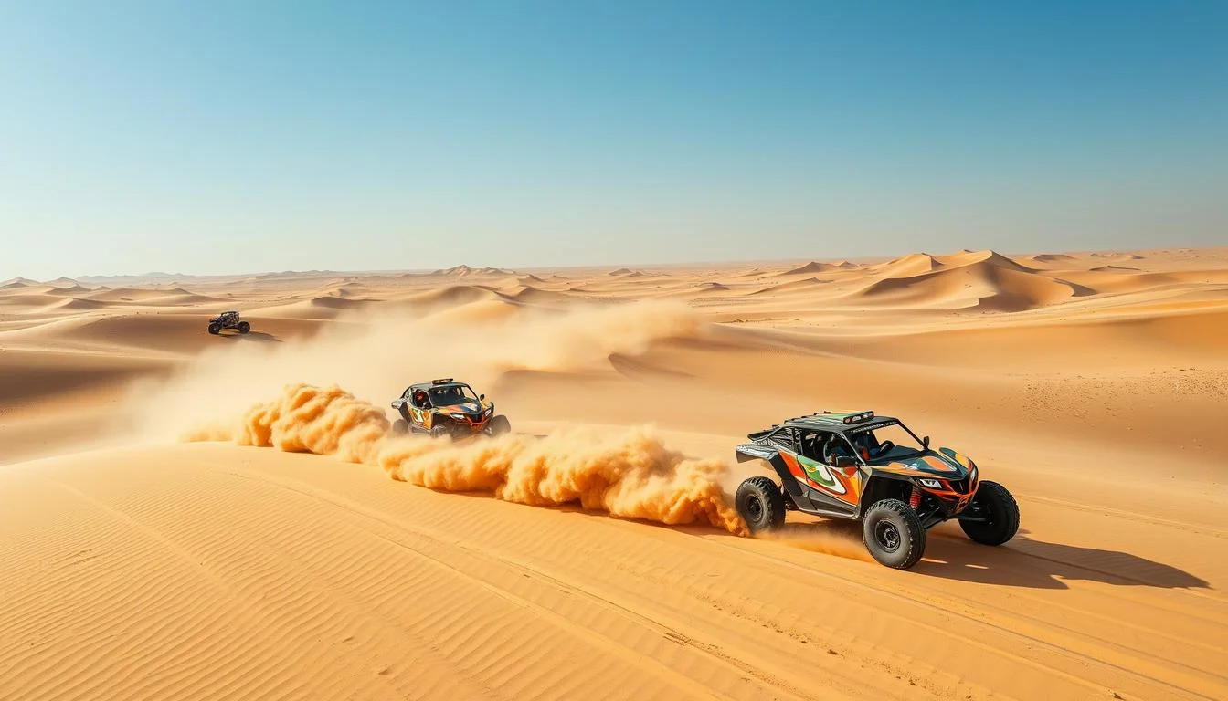 Tourists driving dune buggies across the vast golden desert dunes of Dubai under a clear blue sky, kicking up sand