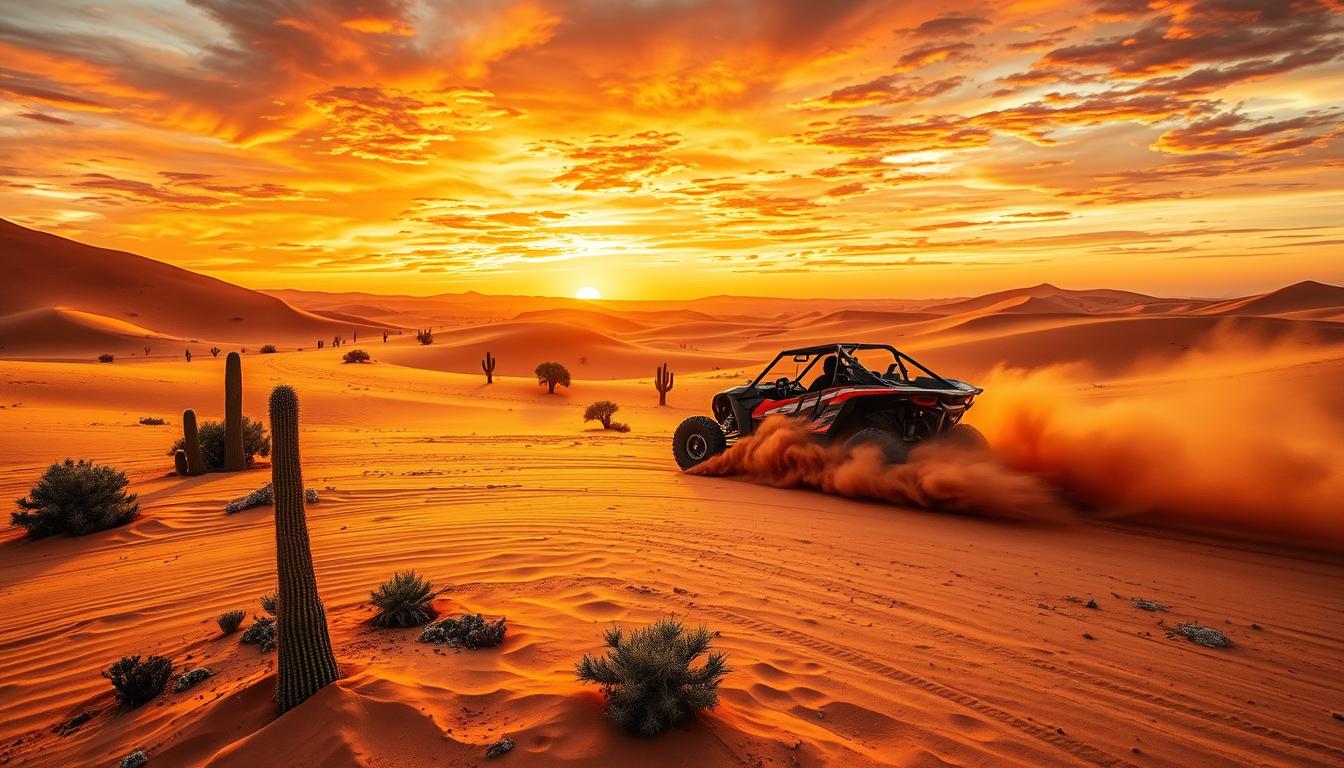 Tourists driving dune buggies across the vast golden dunes of the Arabian desert in Dubai under a clear blue sky