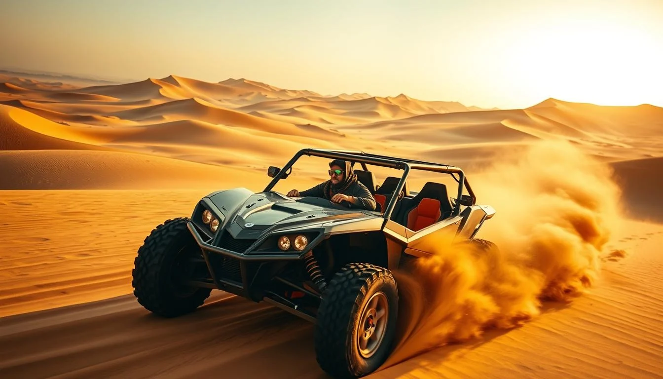 Tourists riding high-performance single-seater desert buggies across the vast, golden dunes of Dubai's desert landscape at sunset